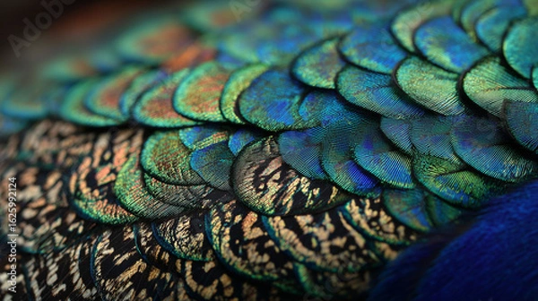 Fototapeta Peacock's Feather in Detail: An exquisite close-up showcases the vibrant colors and intricate patterns of a peacock's feather, revealing the beauty of nature's artistry.