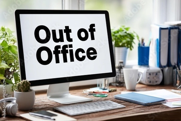 Fototapeta "Out of Office" sticker on a computer screen. Remote working, vacation, or unavailability. A clean workspace with office supplies is visible, generated image