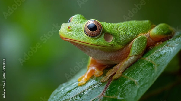 Fototapeta Emerald Frog's Perch: A vibrant green tree frog with striking eyes rests on a lush leaf, a testament to the wonders of the wild