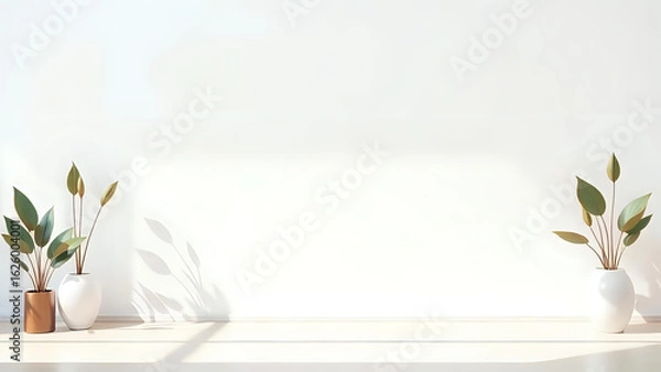 Obraz A minimalist interior background with a white wall for mockup, a wooden shelf, and decorative plants in vases.