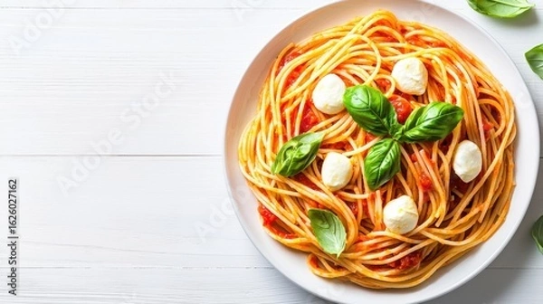 Fototapeta A vibrant plate of spaghetti topped with mozzarella and fresh basil, showcasing a delicious Italian dish on a light-colored wooden table.