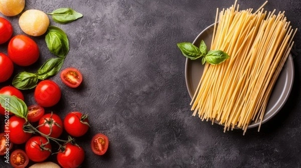 Fototapeta A vibrant display of fresh tomatoes, basil leaves, and spaghetti, showcasing the ingredients for a delicious Italian dish.