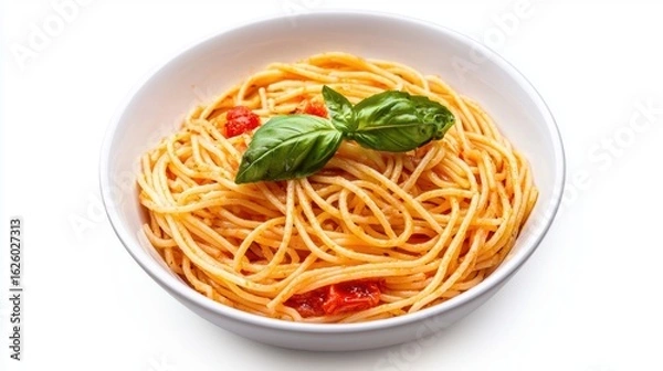 Fototapeta A bowl of spaghetti with tomatoes and fresh basil, showcasing a delicious and inviting Italian dish.