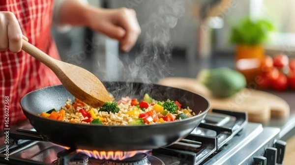 Fototapeta A person stirs colorful vegetables in a frying pan on a stove, with steam rising, creating a vibrant cooking scene.