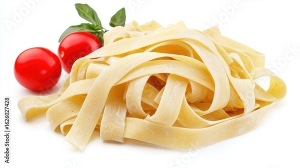 Fototapeta Fresh fettuccine pasta twirls elegantly with vibrant cherry tomatoes and fresh basil, creating a delicious and inviting Italian dish.
