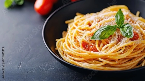 Fototapeta A delicious serving of spaghetti topped with fresh basil and grated cheese, presented in a stylish black bowl with tomatoes in the background.