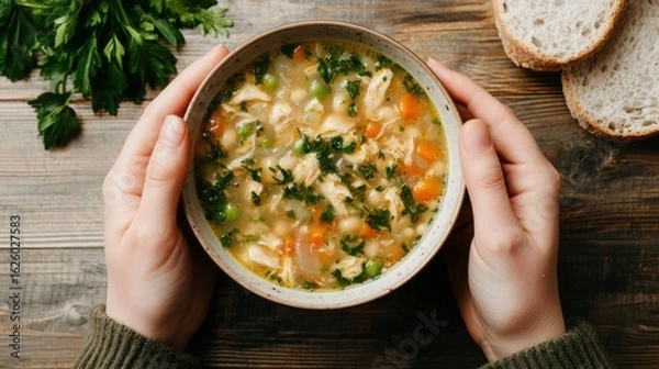 Fototapeta A cozy bowl of chicken soup garnished with fresh herbs, held in hands, accompanied by slices of bread on a rustic wooden table.