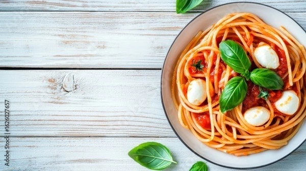 Fototapeta A delicious plate of spaghetti topped with fresh basil and mozzarella, served on a rustic wooden table.