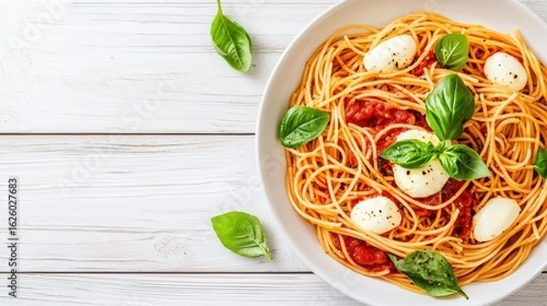 Fototapeta A delicious plate of spaghetti topped with fresh basil and mozzarella, served on a simple white plate against a rustic wooden background.