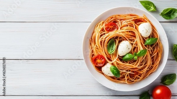 Fototapeta A delicious plate of spaghetti with basil, cherry tomatoes, and mozzarella, presented elegantly on a wooden surface.