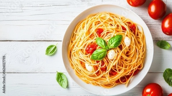Fototapeta A delicious plate of spaghetti garnished with fresh basil, served with cherry tomatoes on a light wooden surface.
