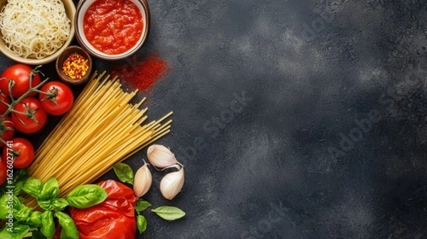 Fototapeta A vibrant array of pasta ingredients including tomatoes, garlic, basil, and sauces, perfect for Italian cuisine and cooking inspiration.