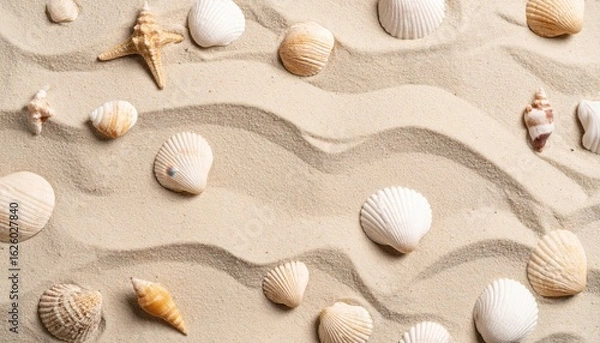 Fototapeta Seashells On Sandy Beach With Wave Pattern