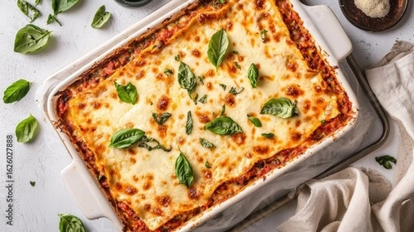 Fototapeta A delicious lasagna topped with fresh basil, baked to perfection, served in a white dish, and surrounded by herbs and a light kitchen setting.
