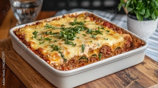 Fototapeta A delicious lasagna topped with melted cheese and fresh herbs, served in a white baking dish on a wooden surface.