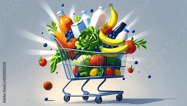 Obraz A full shopping cart overflowing with fresh produce and beverages against a light blue background groceries