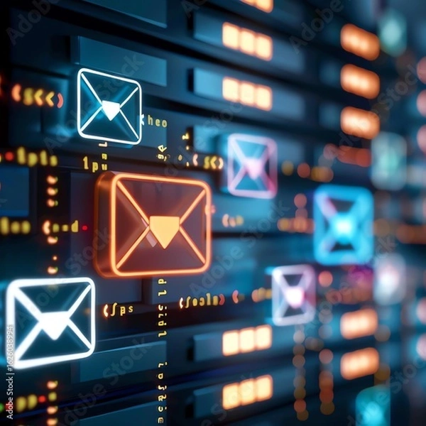 Obraz Bright AR panel with glowing spam alert icon among regular emails