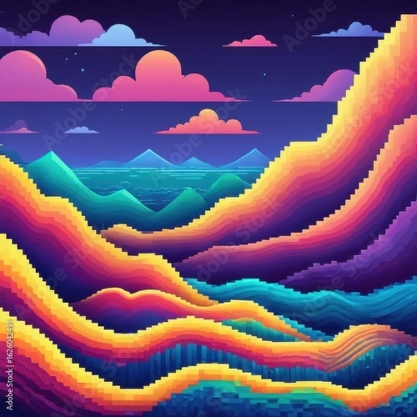 Obraz Ocean waves landscape with mountains and cloudy sky