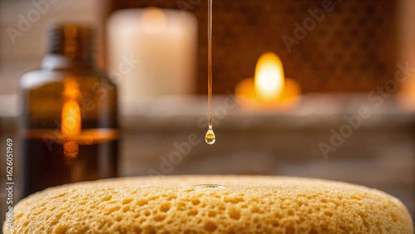 Fototapeta Warm bath experience reduces stress and tension. A soothing drop of oil falls onto a textured sponge, evoking relaxation and wellness.
