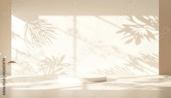 Fototapeta Sun-Drenched Minimalist Podium with Plant Shadows Creates a Warm and Inviting Aesthetic for Product Display or Design Mockups