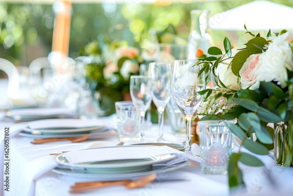 Obraz A wedding reception with stylish table settings.