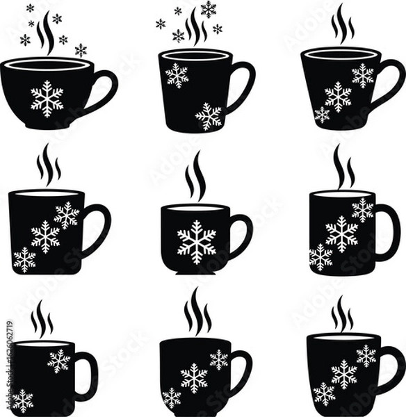 Fototapeta Grid of Nine Black Coffee Cup Silhouettes with Heart-Shaped Steam and Snowflake Decorations — Seasonal Beverage Icons Blending Winter Chill with Cozy Warmth in a Minimalist Visual Style