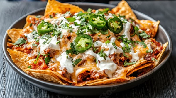 Fototapeta Loaded nachos with cheese, jalapenos, and sour cream create delicious and satisfying dish