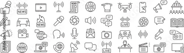 Obraz ベクターでモノクロのマスメディアに関する線画アイコンセット
