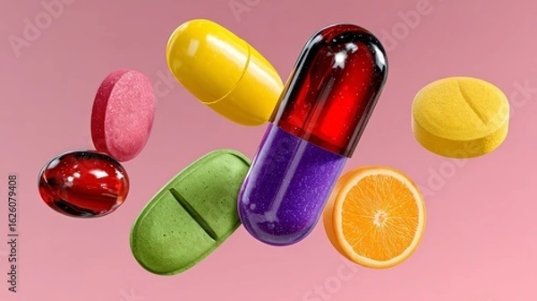 Fototapeta Colorful assortment of dietary supplements including capsules, tablets, and fruit slices, floating against a soft pink background, showcasing health and wellness concepts in a vibrant composition