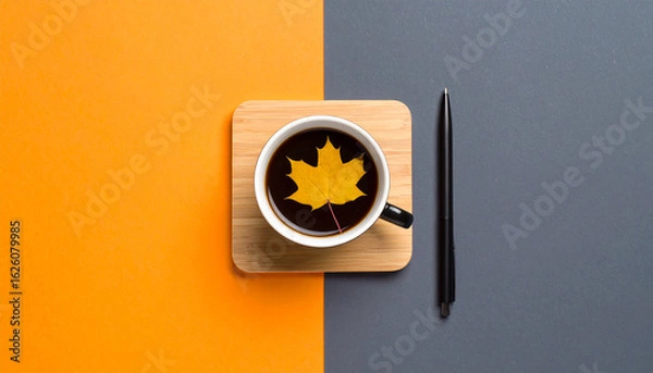 Fototapeta Coffee Leaf in Autumn: An overhead shot presents a cup of coffee with a leaf resting on a wooden coaster, and a pen on a table, autumn concept and the beauty of simplicity