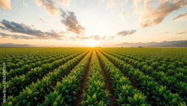 Fototapeta Sunrise over a lush crop field, lines of green plants stretch towards distant mountains under a sky of soft clouds