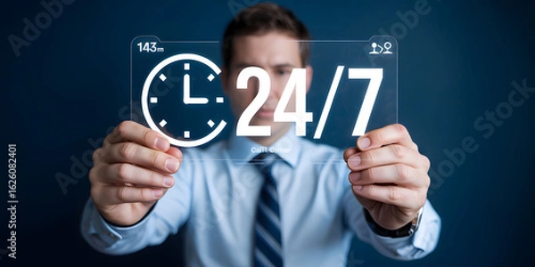 Fototapeta Businessman Holding Transparent Panels Displaying 24/7 and Clock Icon
