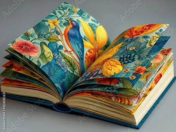 Fototapeta A vibrant book, bursting with colors, beautifully illustrated in watercolor, pages flutter like a birds wings, capturing the essence of imagination and adventure, a universe within