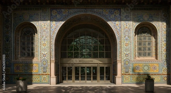 Fototapeta "Ornate Building Entrance with Intricate Tile Work and Arched Windows"