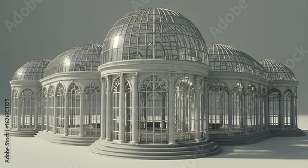 Fototapeta "Intricate Conservatory Design Featuring Multiple Glass Domes and Columns"