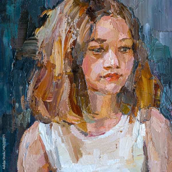 Obraz Impressionist oil painting of two girls in white dresses sharing a quiet, affectionate moment.