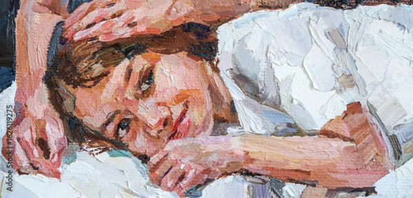 Fototapeta Impressionist oil painting of two girls in white dresses sharing a quiet, affectionate moment.