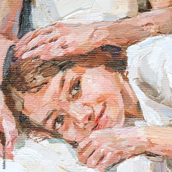 Obraz Impressionist oil painting of two girls in white dresses sharing a quiet, affectionate moment.