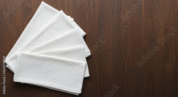 Fototapeta Stack of white paper napkins fanned out on a dark wooden surface