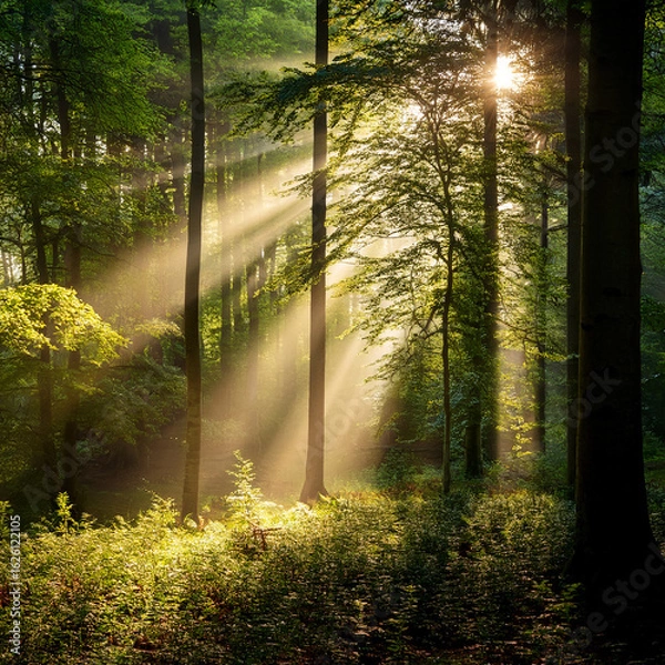 Fototapeta Sunlight streaming through lush green forest in morning. Peaceful natural landscape with sun rays and tall trees. Ideal for nature, wellness, and environmental themes.