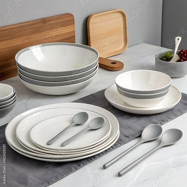 Fototapeta A stylish kitchen scene featuring stackable white and gray ceramic bowls, sleek plates, and matching spoons—perfect for elevating a contemporary home dining experience.