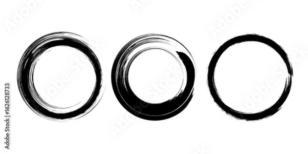 Fototapeta Set of black grunge paintbrush strokes. Enso Zen symbol. Circular label, logo, text frame, banner, emblem, badge. Grunge design element. Isolated. Distress texture. Ink brush strokes