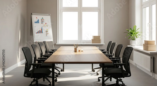Fototapeta A modern, sunlit conference room is ready for a meeting with a long table, chairs, and a flip chart.