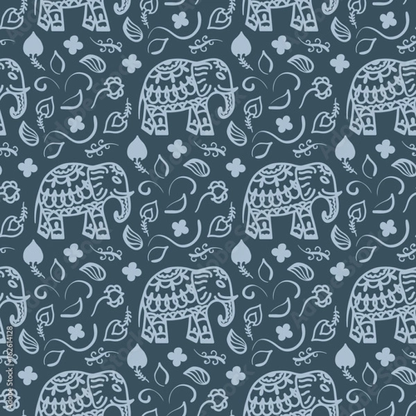 Fototapeta Seamless pattern with elephants and flowers. Background for textile, baby shower, greeting card, wrapping. Floral ornament.