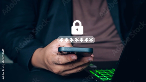 Fototapeta Business Technology Security Concept. Businessman use the smart mobile phone to access on smartphone to validate password for biometric two-step authentication, unlock security. OTP one-time password.