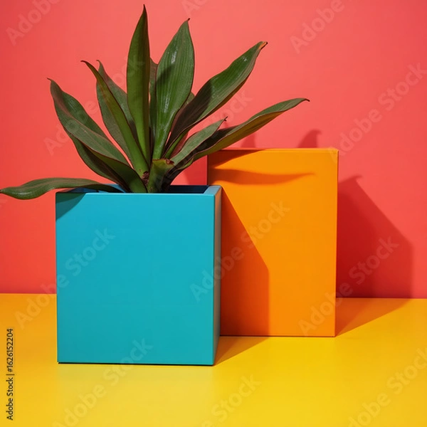 Obraz This image presents a visually striking, minimalistic composition that highlights bold and vibrant color blocking. It features:

A green leafy plant placed in a bright turquoise blue square planter.

