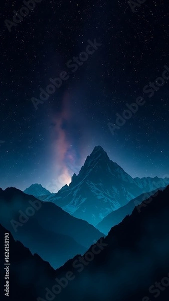 Fototapeta Illustration of towering mountain range under a luminous night sky with a celestial glow