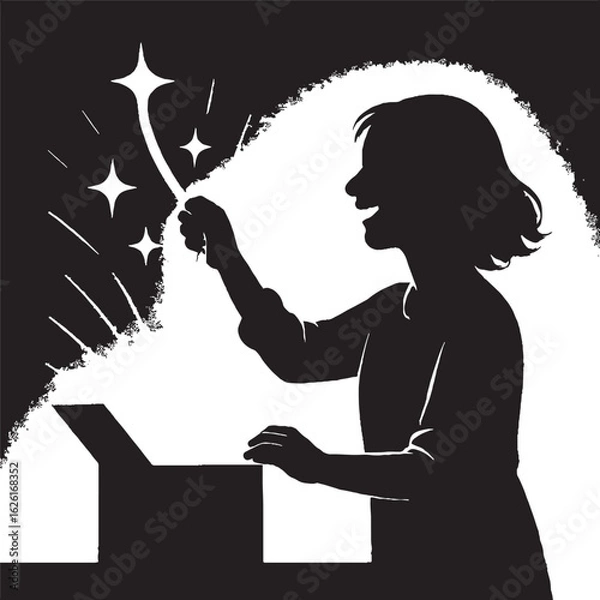 Fototapeta Finding Light – Person Pulling Happiness from a Dark Box,black and white silhouette