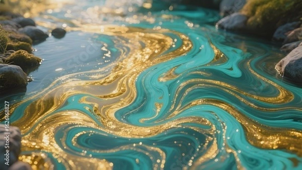 Fototapeta Golden Swirls in Turquoise Water Reflecting Light