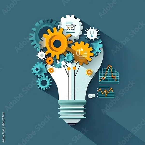 Fototapeta  Creative Business Concept Branding Goals Lightbulb with gears and charts, symbolizing creative business concepts and branding, no face, flat design illustration